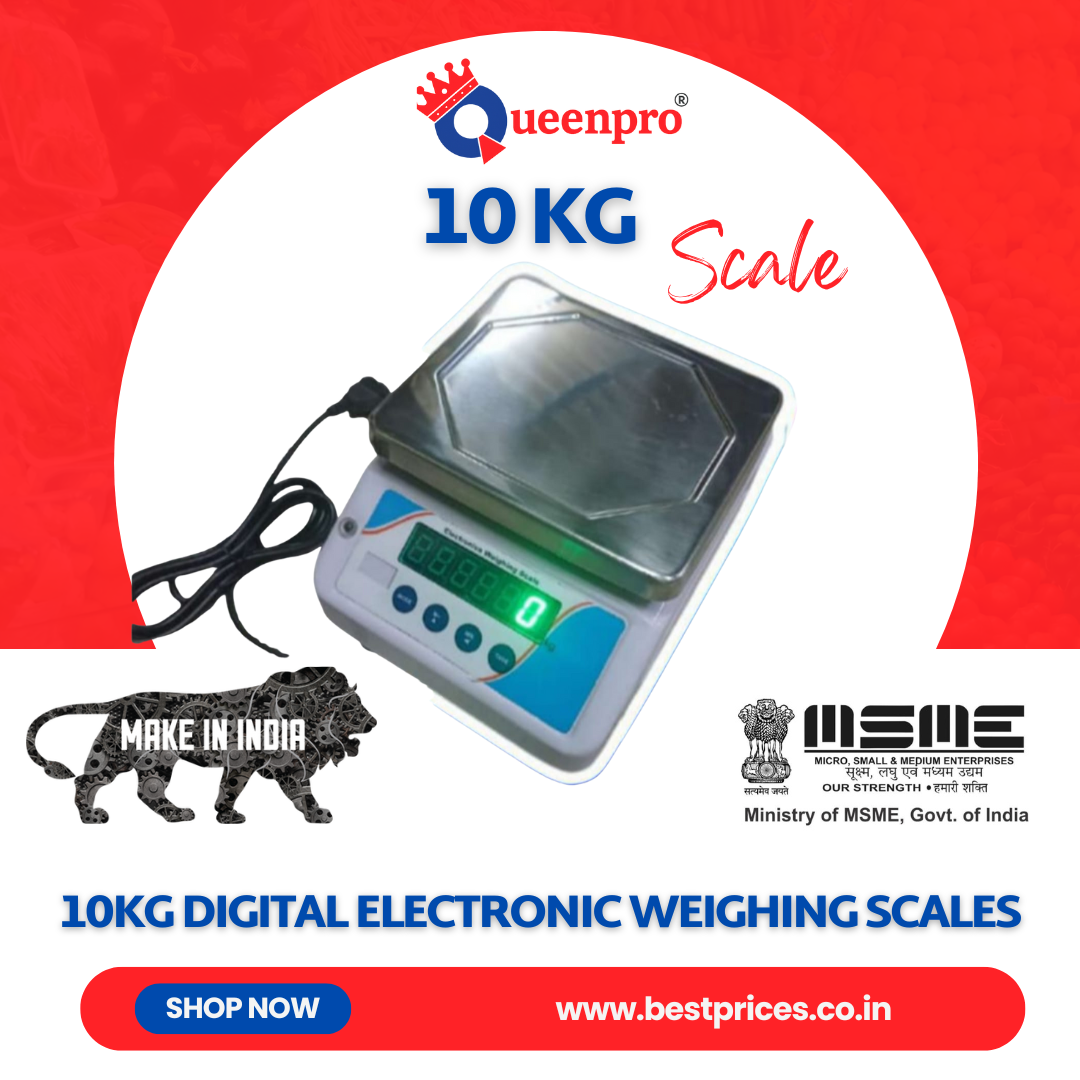 Queen Pro 10kg x 1g Digital Weighing Scale with Front & Back Double Display, Stainless Steel Platform, Rechargeable – For Kirana Shop, Kitchen & Commercial Use