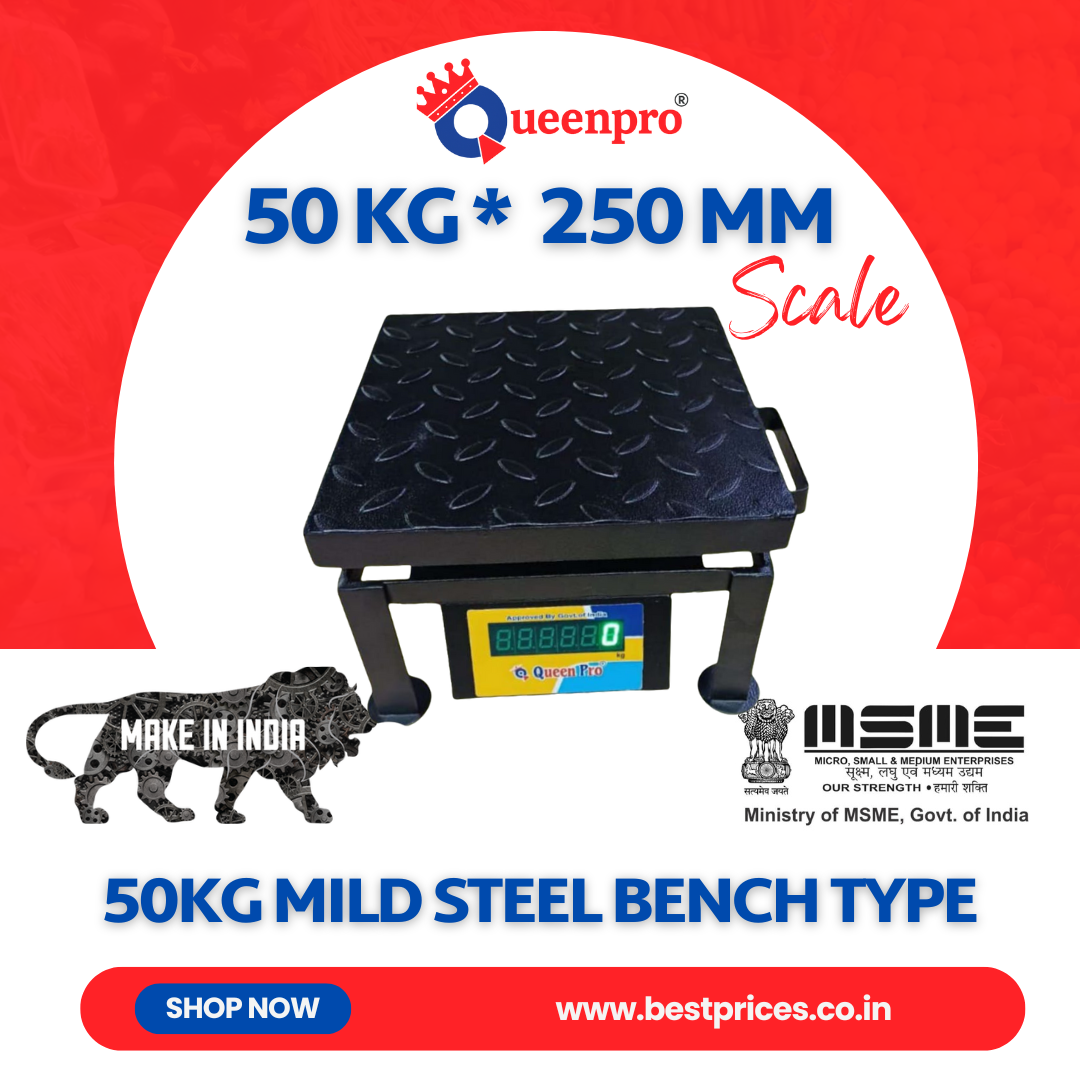 Queen Pro 50Kg Mild Steel Bench Type Weighing Scale – 250×250 mm Platform, 5g Accuracy, Heavy-Duty Build with 1-Year Warranty