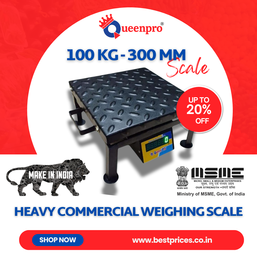 Queen Pro 100Kg Heavy Commercial Weighing Scale – 300mm Steel Platform, Digital Display, Rechargeable Battery, High Accuracy for Meat Shops, Grocery, Hotels & Industries